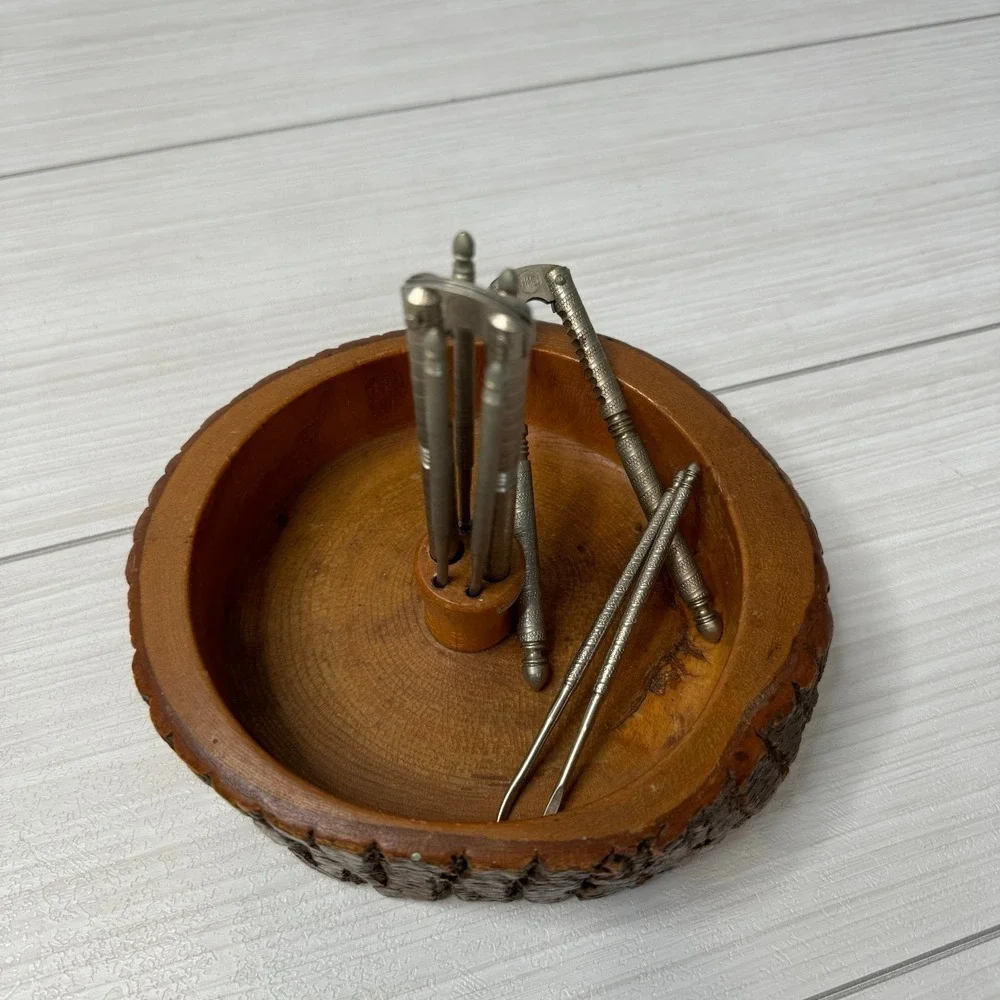 Vintage Wood Nut Bowl &‎ Cracker Set, Rustic Nutcracker Bowl Kitchen Barware